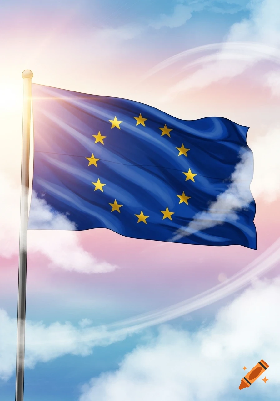 A vibrant illustration of the European Union flag waving against a pastel sky with sun rays and clouds.