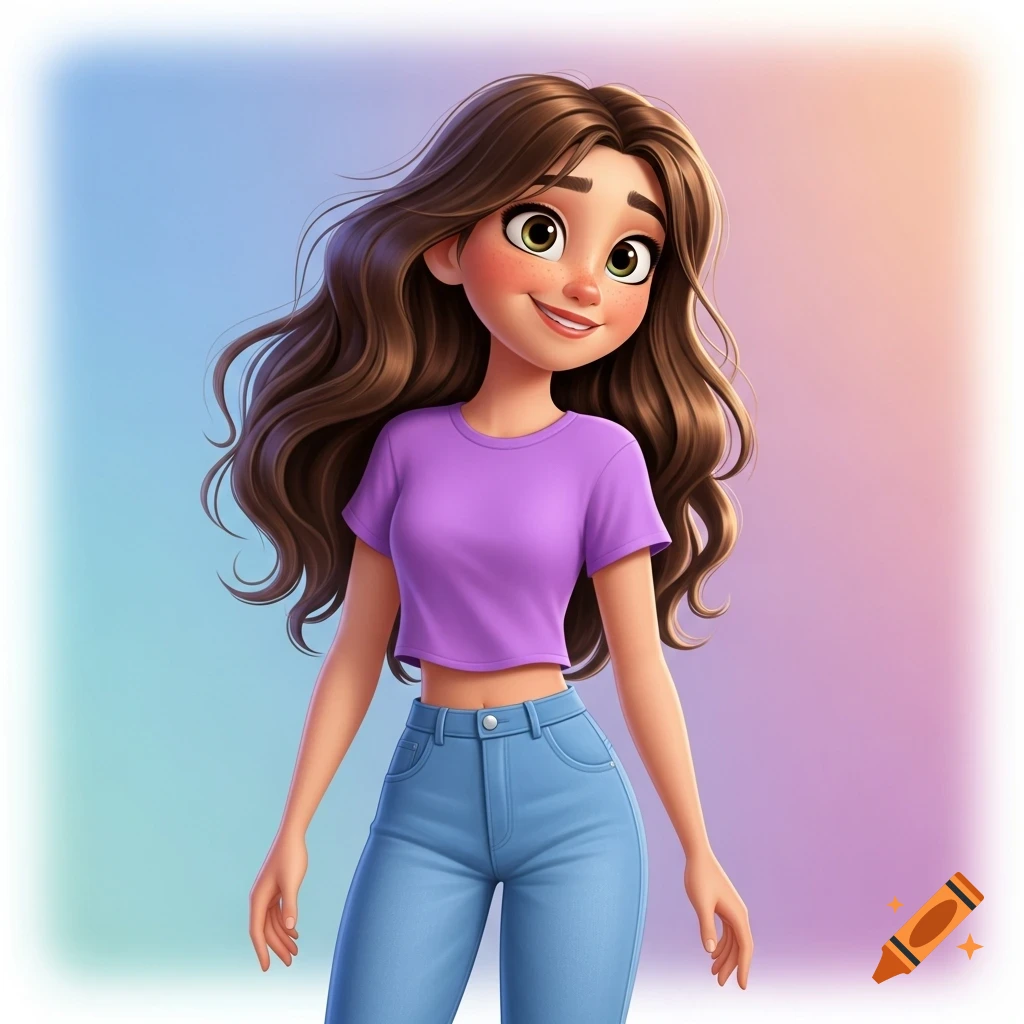 A smiling cartoon girl with long brown hair, wearing a purple crop top and blue jeans, standing against a colorful gradient background.