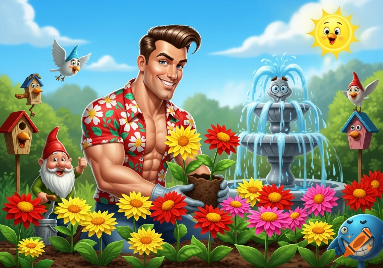 A muscular man in a Hawaiian shirt plants flowers in a vibrant, humorous cartoon garden with a gnome, talking birdhouses, and a smiling sun.