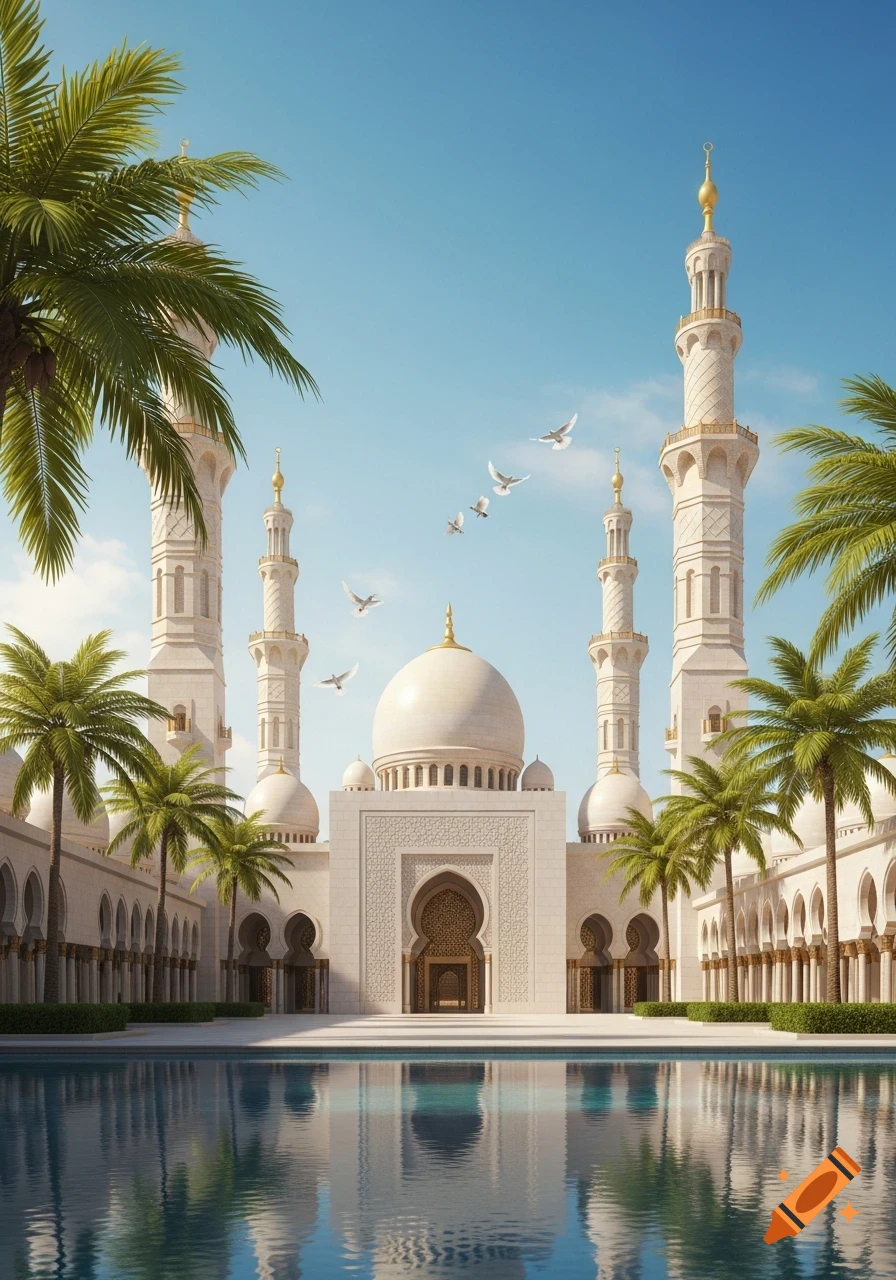 Photorealistic grand white mosque with minarets and a central dome, reflected in a pool, with palm trees and a clear blue sky.