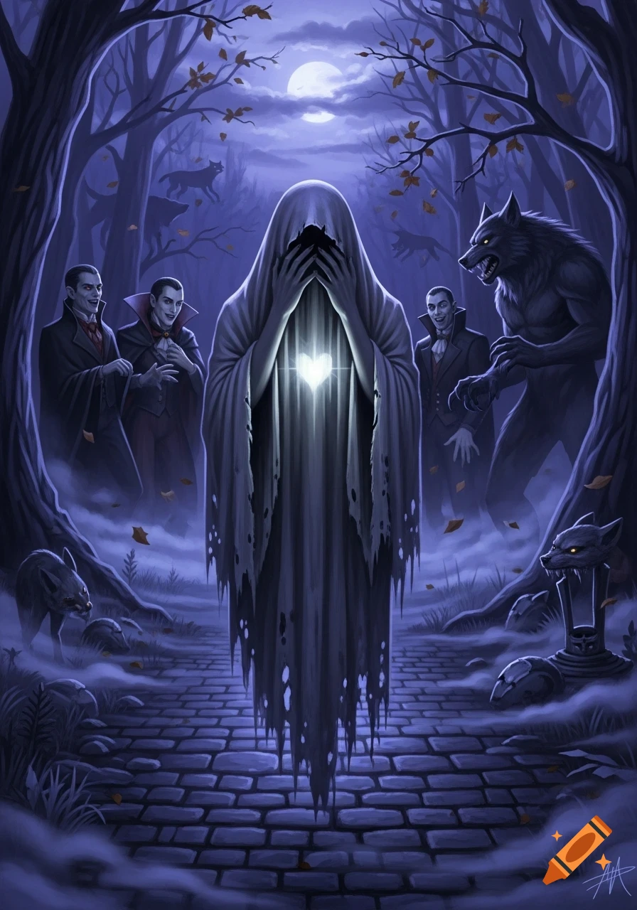A veiled ghost with a glowing heart covers its face in a moonlit dark forest, surrounded by vampires and a werewolf. Dark fantasy illustration.