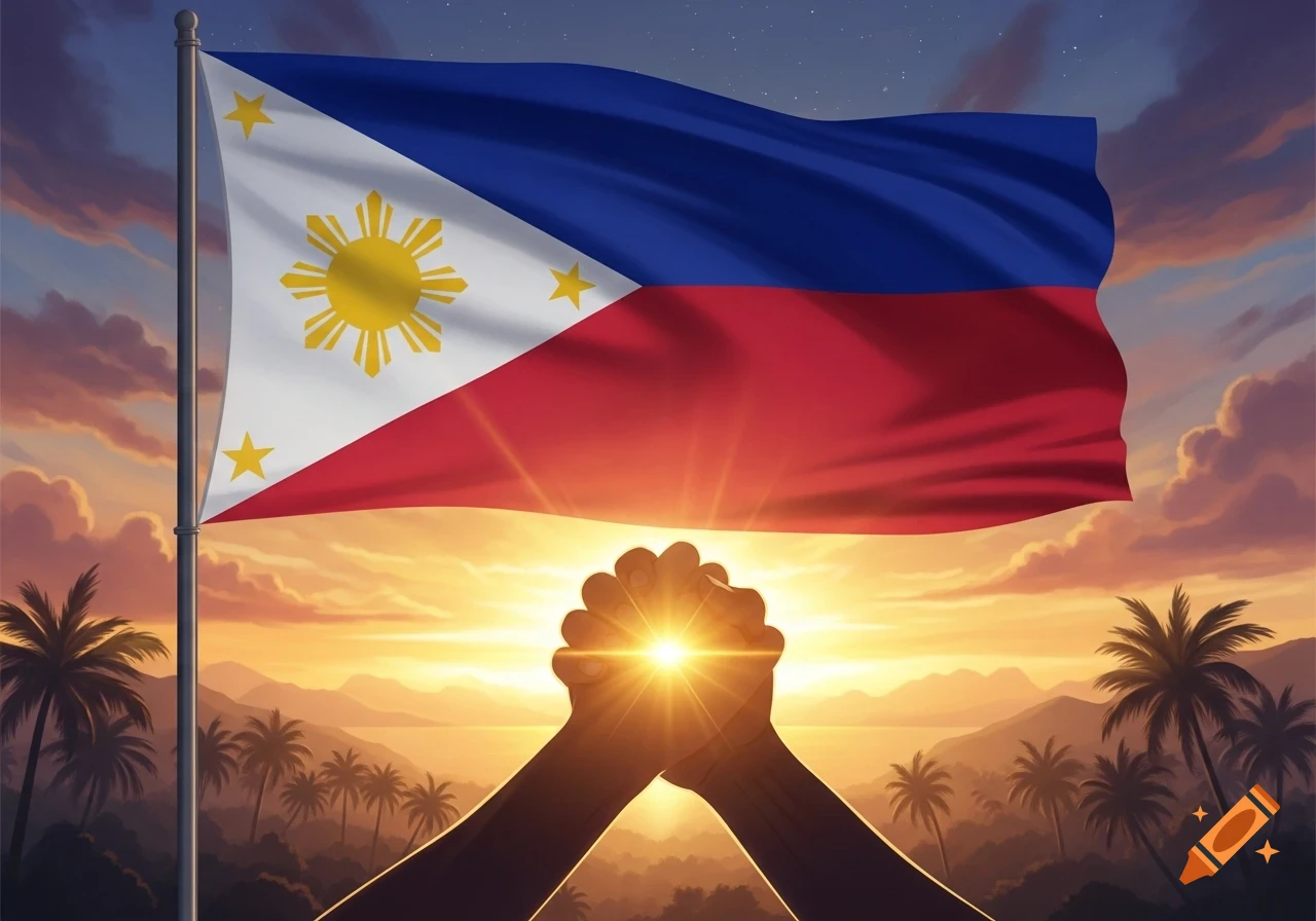 Philippine flag flying against a vibrant sunset over a tropical landscape, with two clasped hands in the foreground.