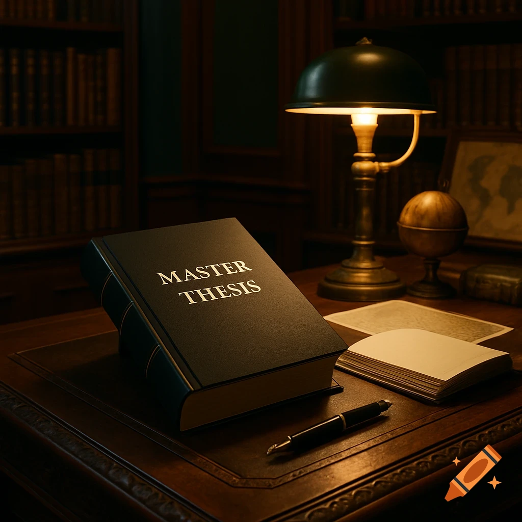A black book titled "MASTER THESIS" on a dark wooden desk in a study, lit by a desk lamp, next to a globe and papers.