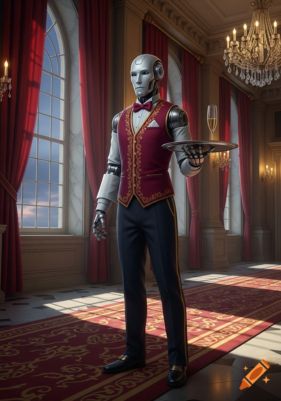 A photorealistic robot butler in a red vest holds a tray with champagne in a grand, ornate room.