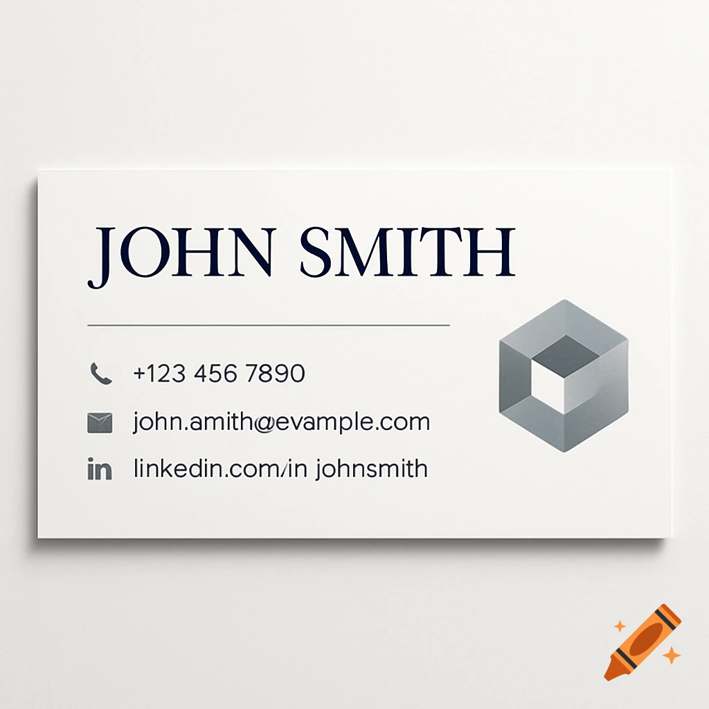 A minimalist white business card or email signature with the name JOHN SMITH, a phone number, email, and LinkedIn URL, next to a gray geometric cube logo.