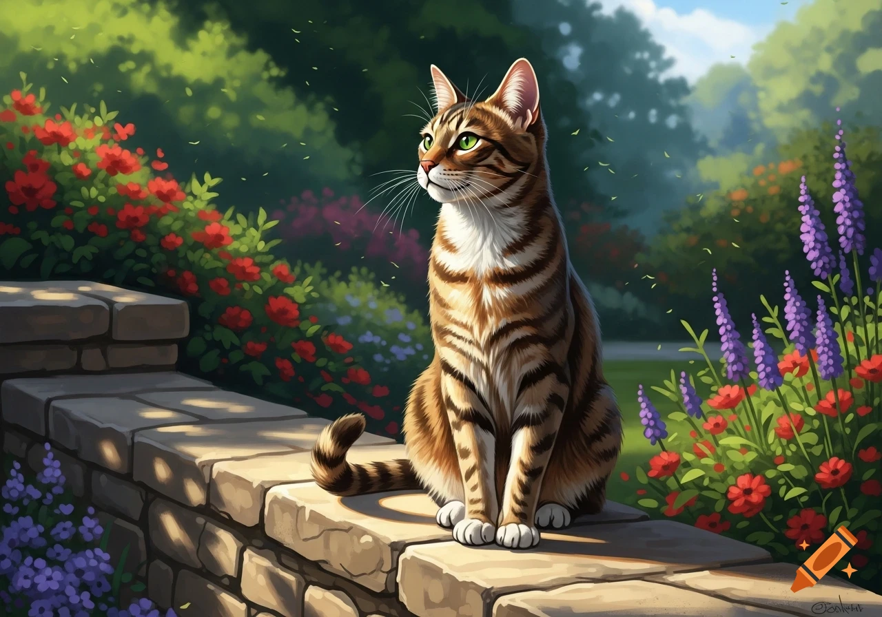 A detailed illustration of a tabby cat with green eyes sitting on a stone wall in a vibrant sunny garden with red and purple flowers.