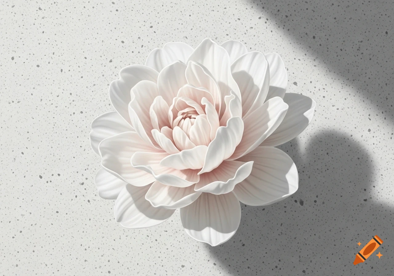 A stylized white, multi-petaled flower with a blush pink center, casting shadows on a speckled gray wall.