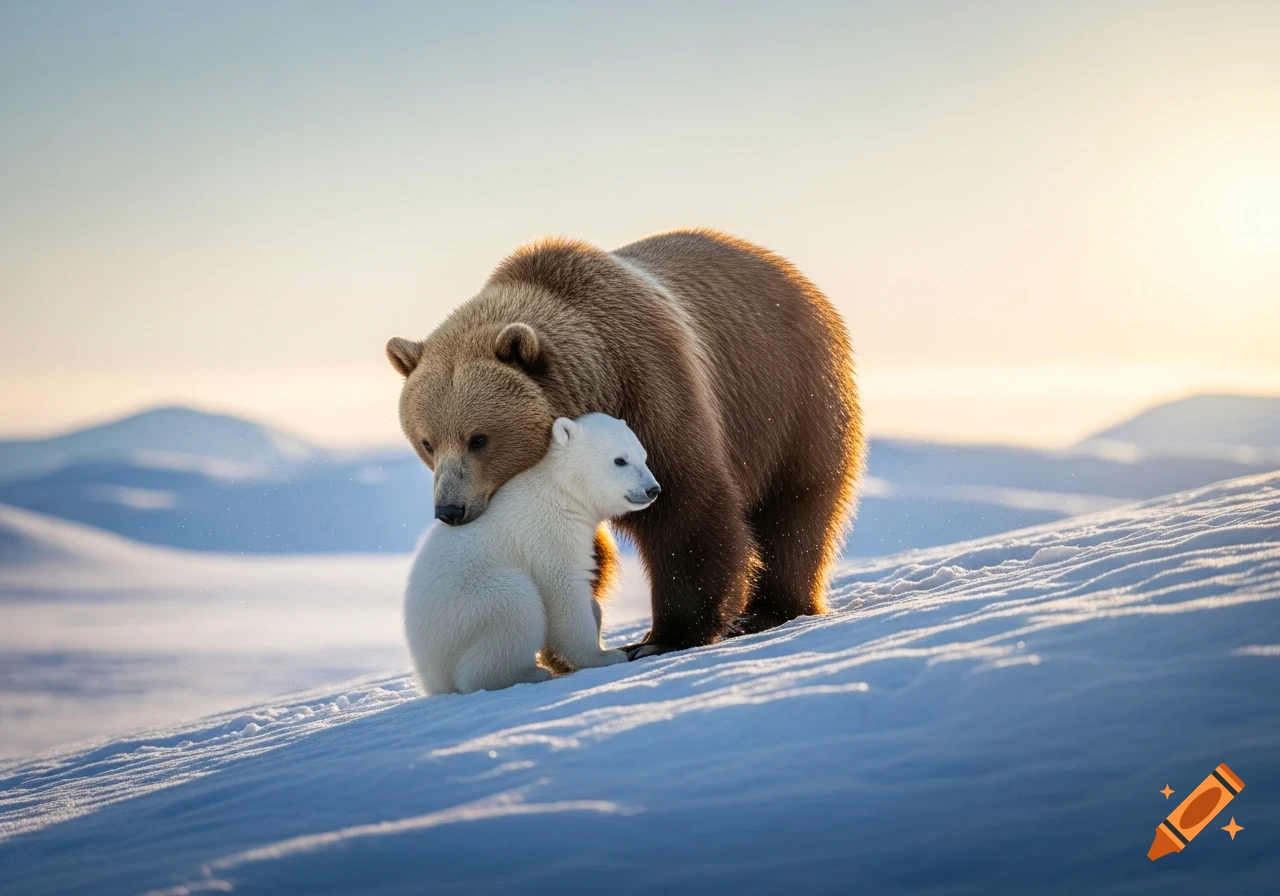 A brown bear gently nuzzles a white bear cub in a snowy, sunlit landscape with mountains.
