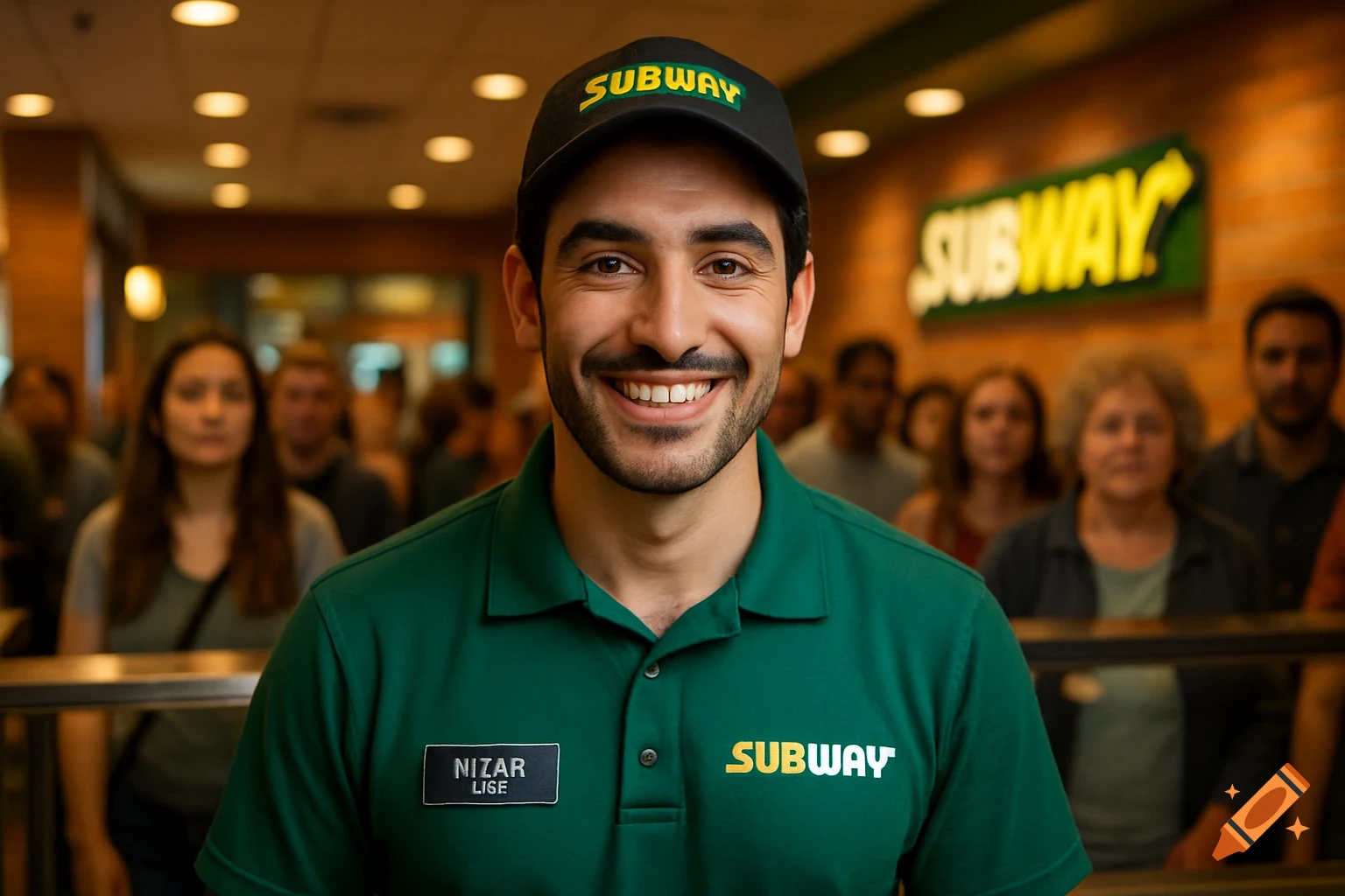 Smiling male Subway employee in a green polo shirt and cap, with a name tag, standing in front of blurred customers.