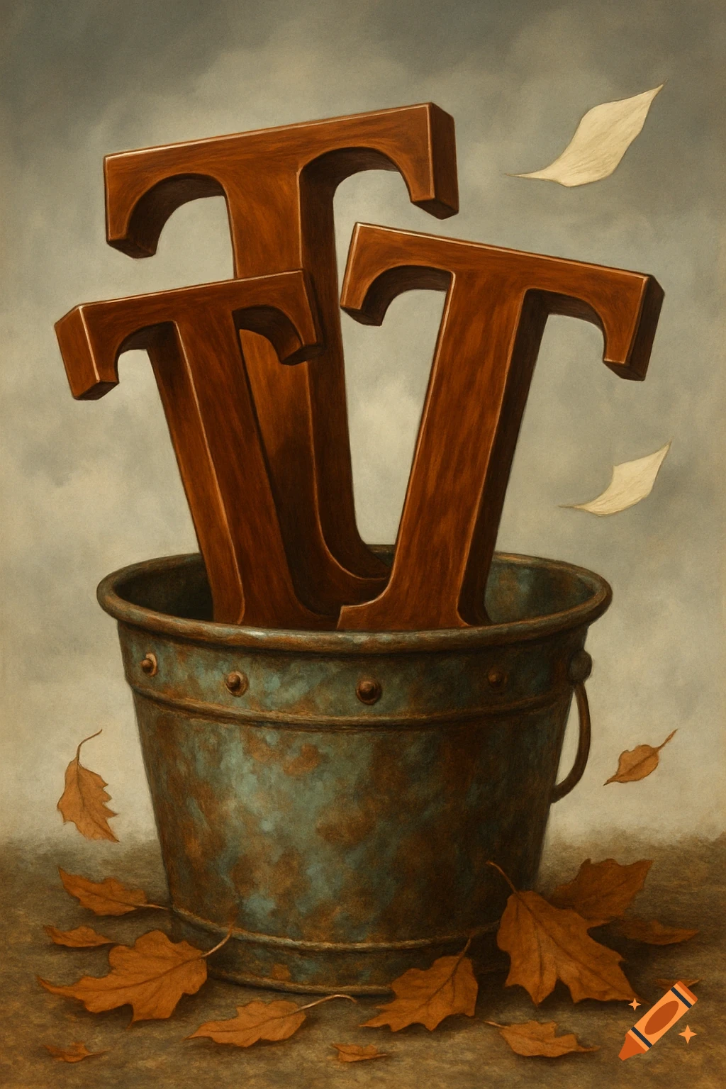 Three wooden letter T's in a rusty bucket with scattered autumn leaves, painted in a realistic style.