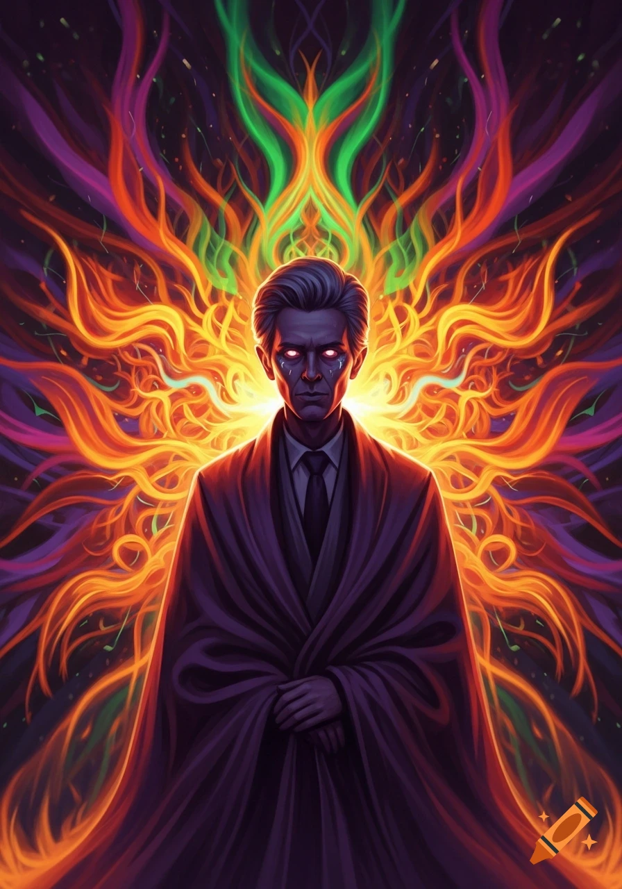 A mysterious man with glowing eyes in a suit and flowing robes, surrounded by vibrant, fiery psychedelic patterns.