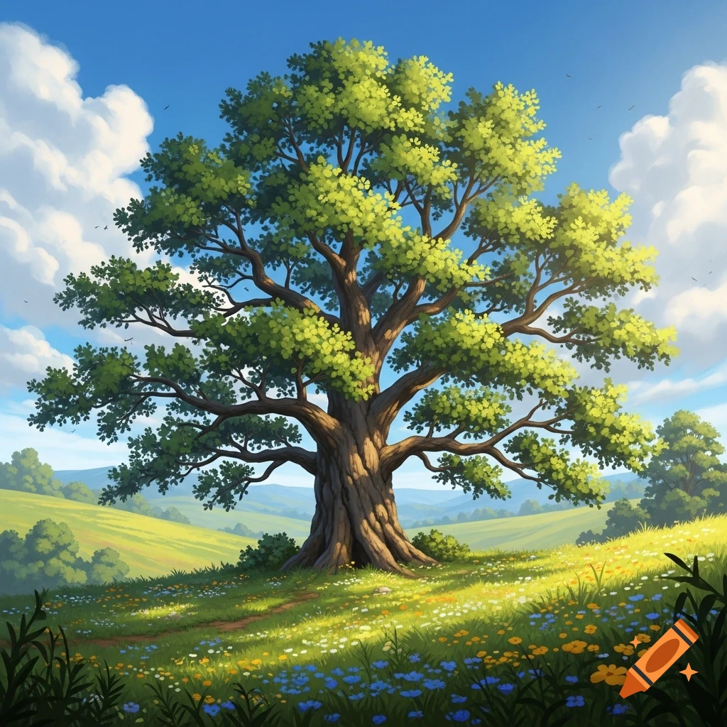 A vibrant illustration of a majestic old tree standing on a grassy hill filled with colorful wildflowers under a blue sky with clouds.