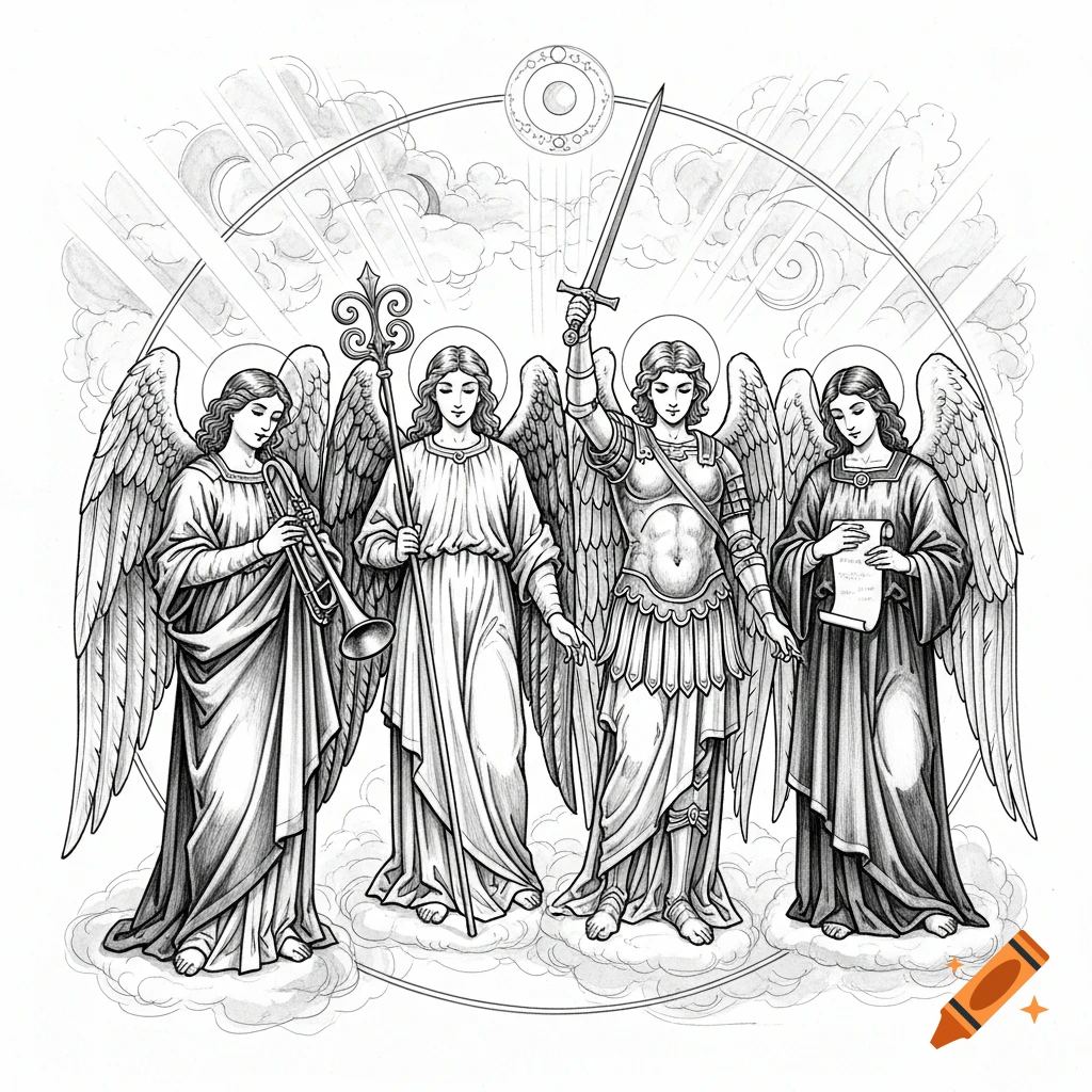 A black and white drawing of four angels with wings, one with a trumpet, one with a staff, one with a sword, and one holding a scroll.