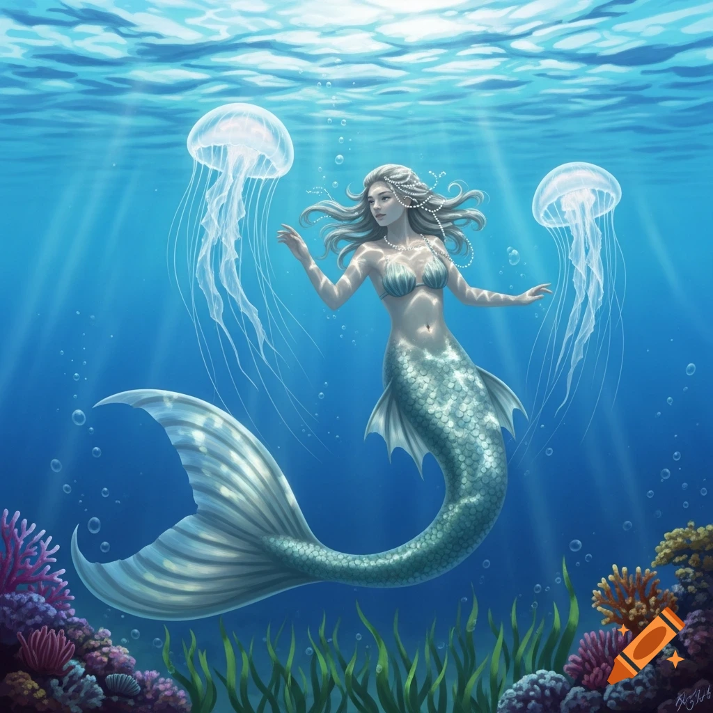 A mermaid with long silver hair and a pearl necklace, wearing a bikini top and a shimmering teal tail, swims gracefully underwater with two jellyfish and colorful coral.
