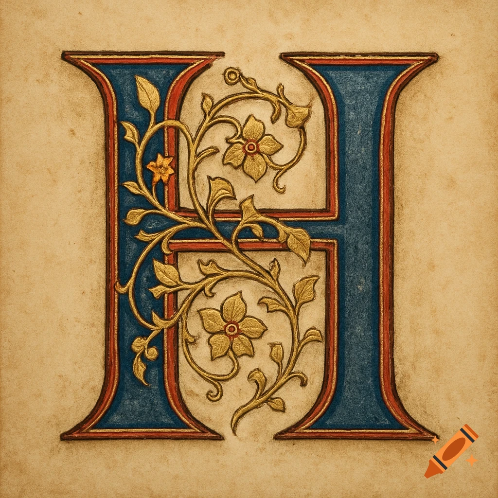Ornate medieval capital letter 'H' decorated with gold scrolling vines and flowers on aged parchment.