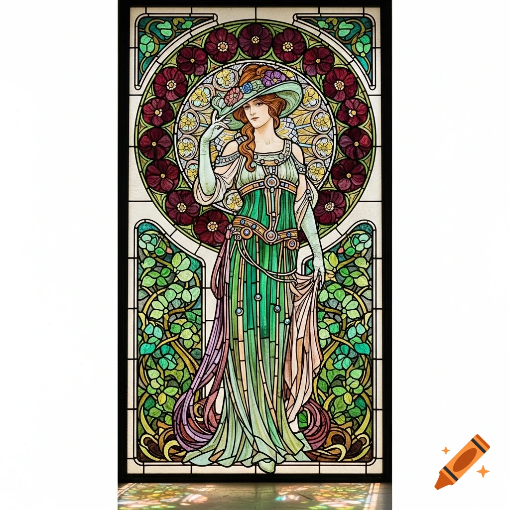 Art Nouveau stained glass of a fashionable woman in a green dress and hat against a floral background.