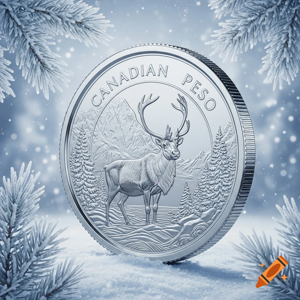 A silver coin featuring an engraved reindeer and mountains, surrounded by snowy branches and falling snow.