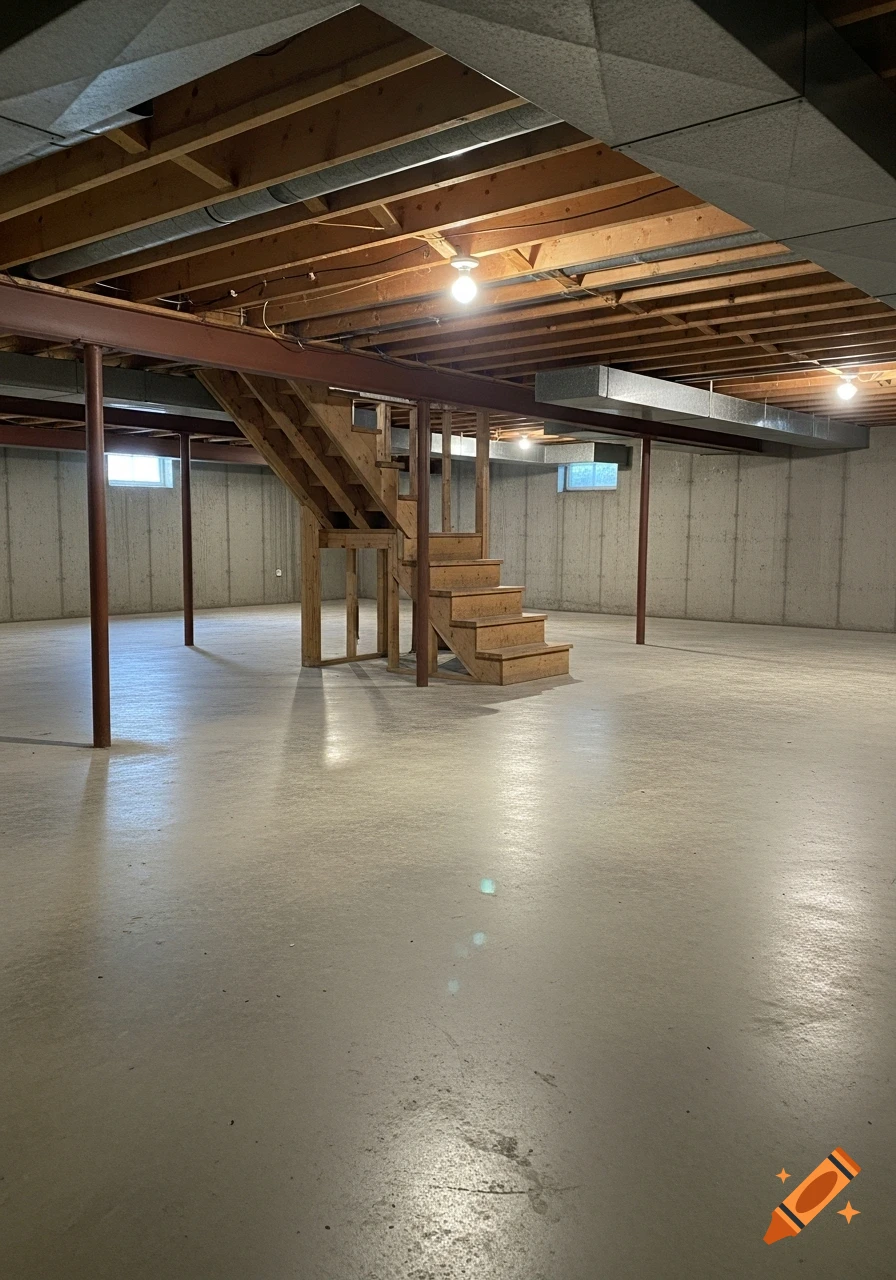 An unfinished basement with a concrete floor, exposed wooden ceiling beams, steel posts, and wooden stairs in the background.