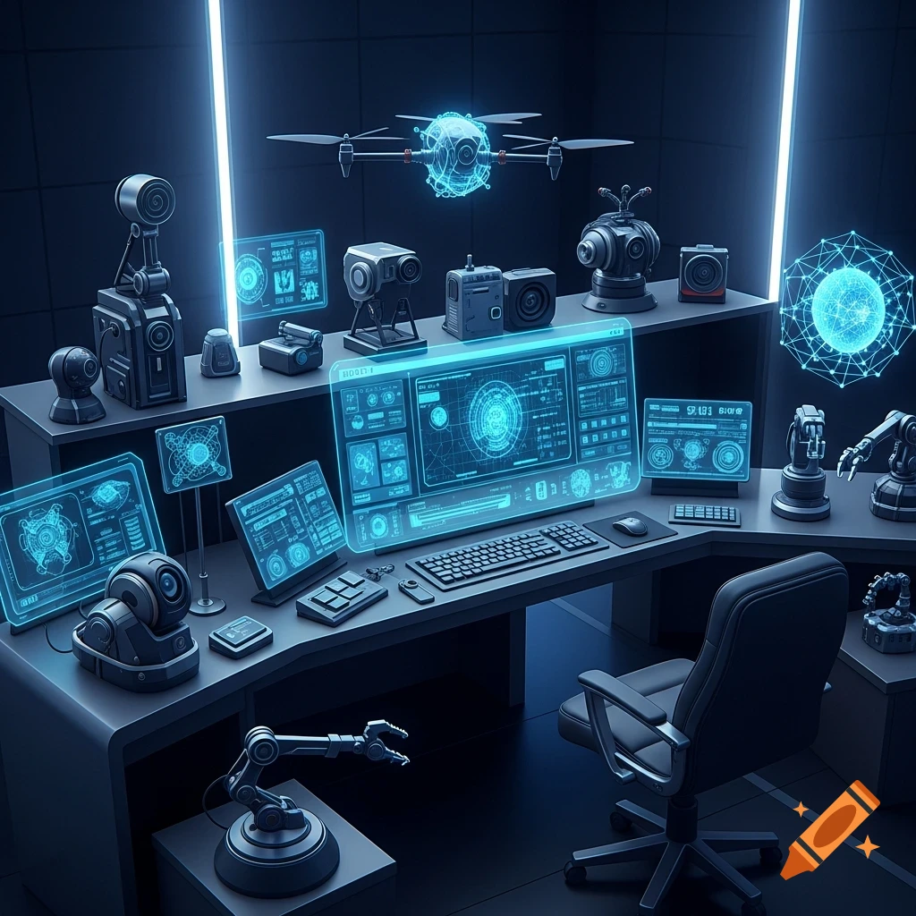 A futuristic dark control room with glowing blue screens displaying data, surveillance cameras, robotic arms, and a drone hovering above.