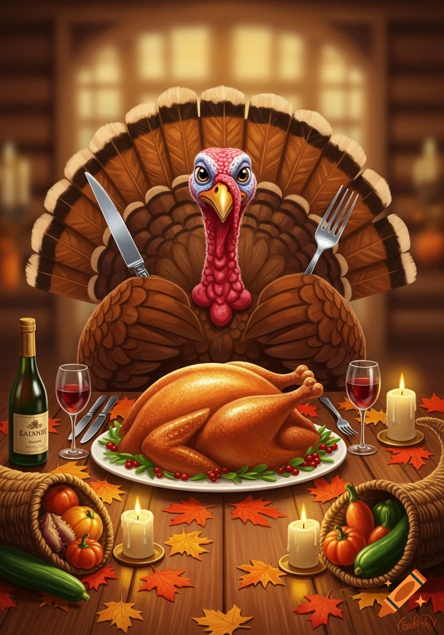 A cartoon turkey with a knife and fork stands behind a roasted turkey on a festive Thanksgiving table, surrounded by wine, candles, and cornucopias, in an illustrative style.