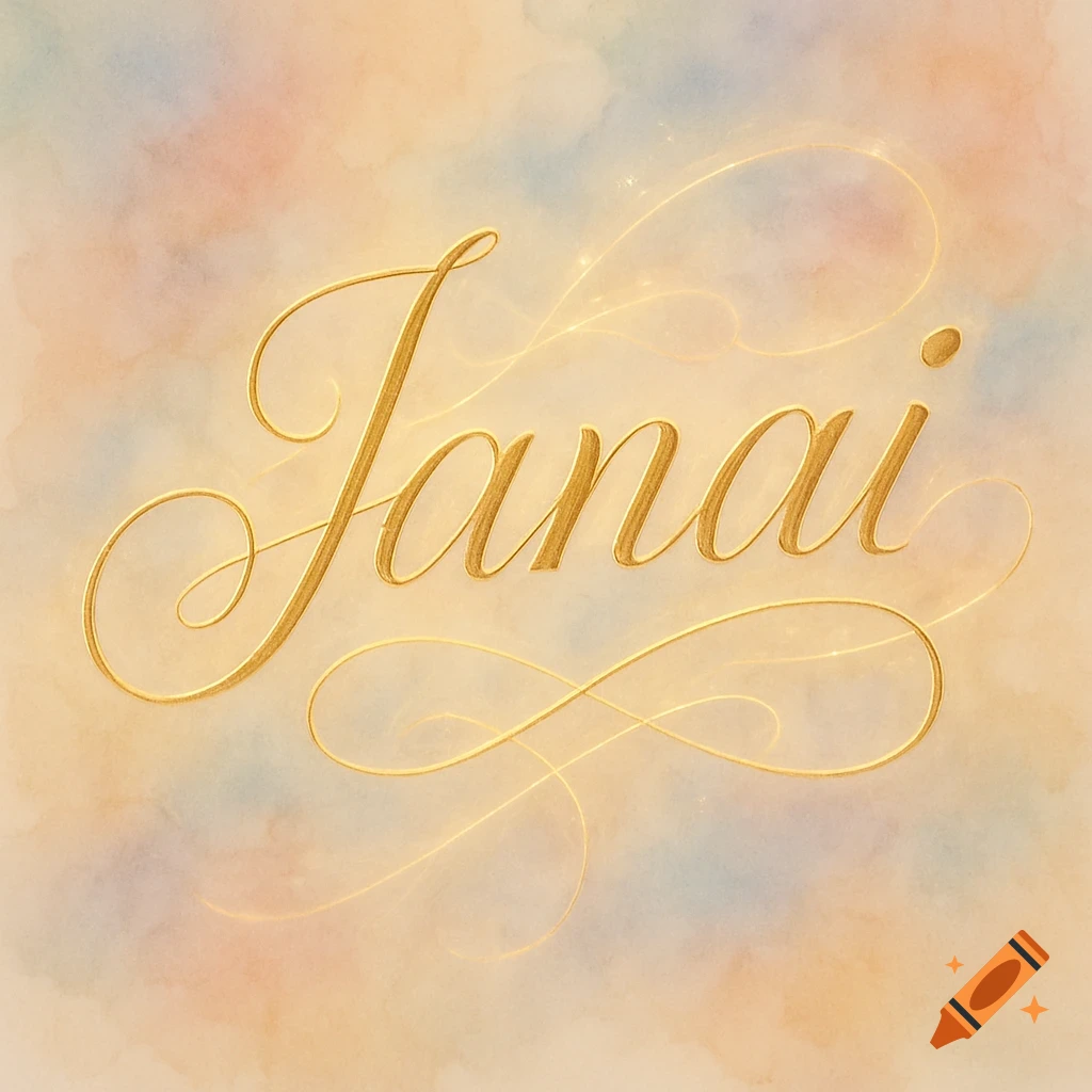 The name Janai rendered in shimmering golden cursive script against a soft, pastel watercolor background with light, glowing swirls.