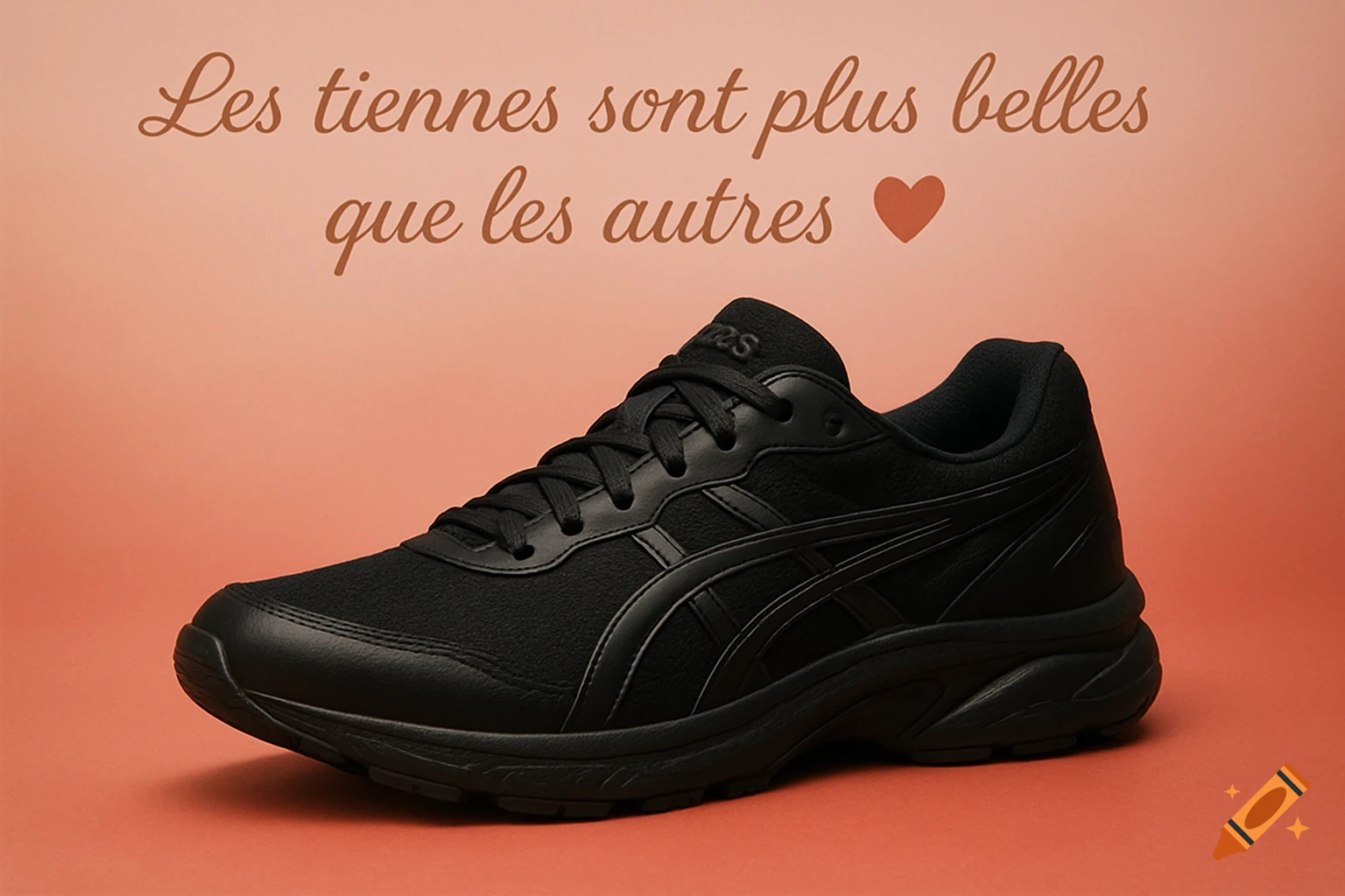 A black ASICS running shoe on a soft red-pink background with French text 'Les tiennes sont plus belles que les autres' and a red heart.