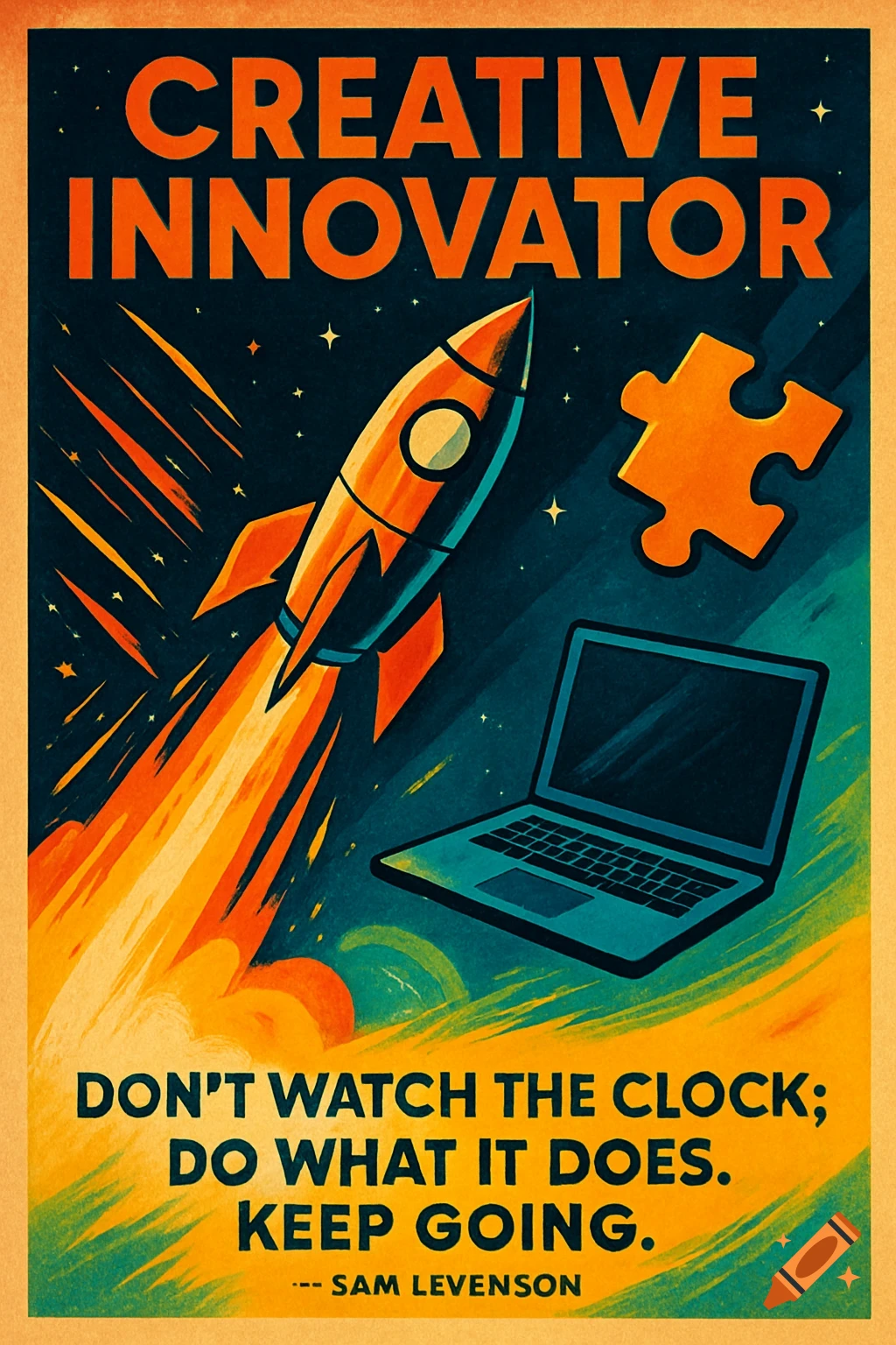 A retro-style motivational poster with a rocket, puzzle piece, laptop, and text 'Creative Innovator' and 'Don’t watch the clock; do what it does. Keep going.'