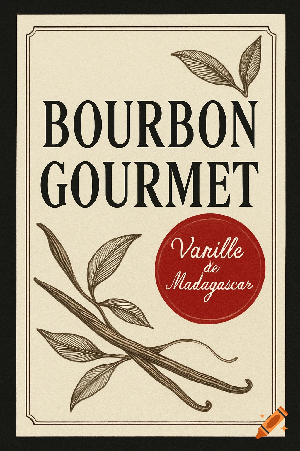 Vintage-style label with 'BOURBON GOURMET' and 'Varille de Madagascar' in a red circle, accented with vanilla leaves.