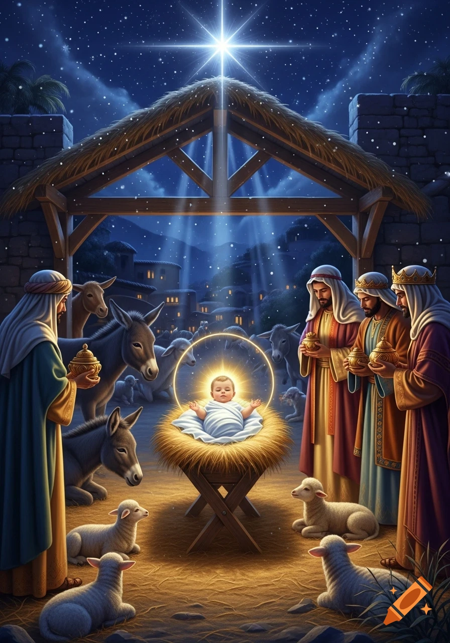 Glowing baby Jesus in a manger with Three Wise Men, a man, sheep, and donkeys under a starry night with the Star of Bethlehem.