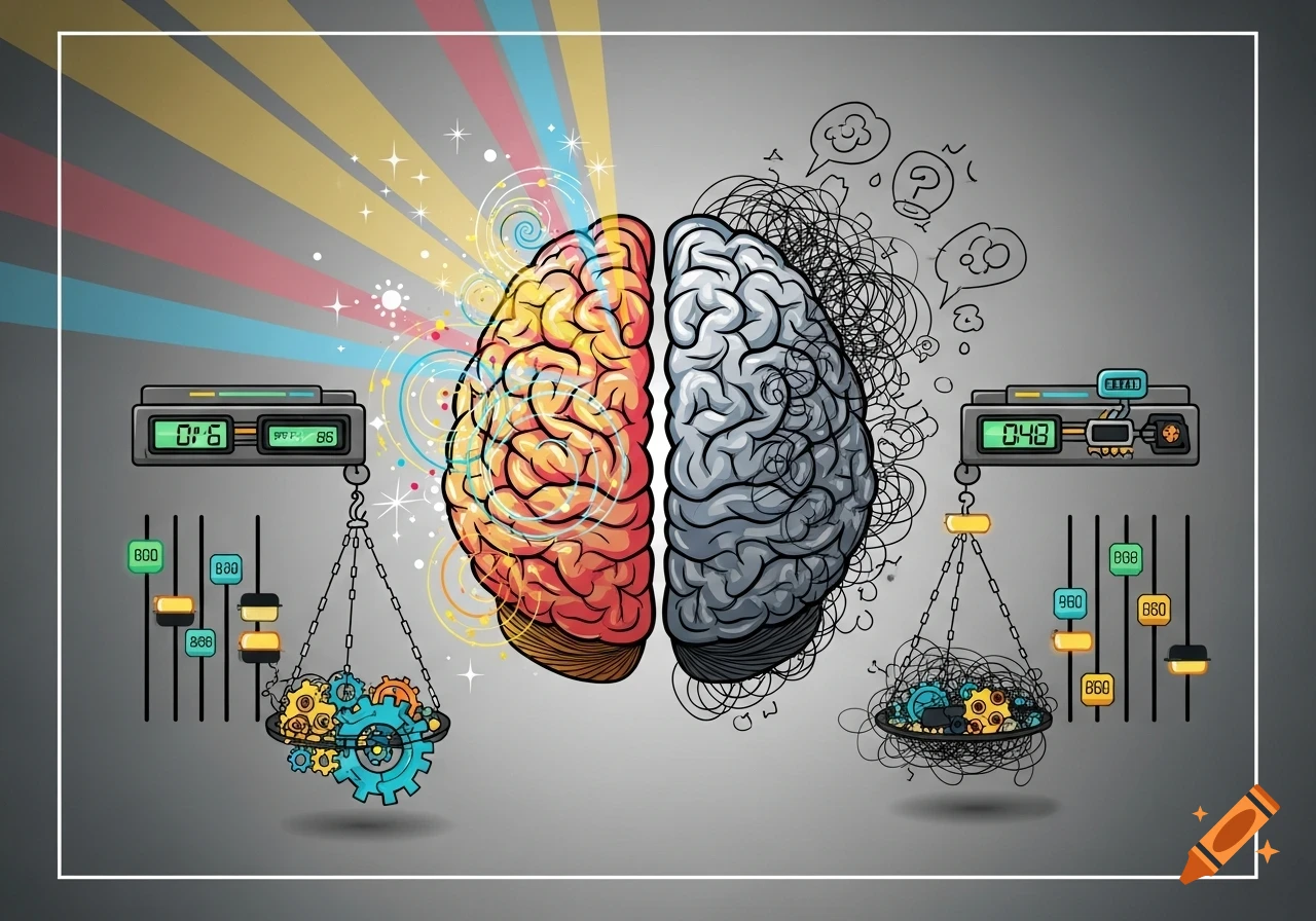 Cartoon illustration of a human brain split, one side colorful and creative, the other dull and chaotic, balanced by scales with abstract tech elements.