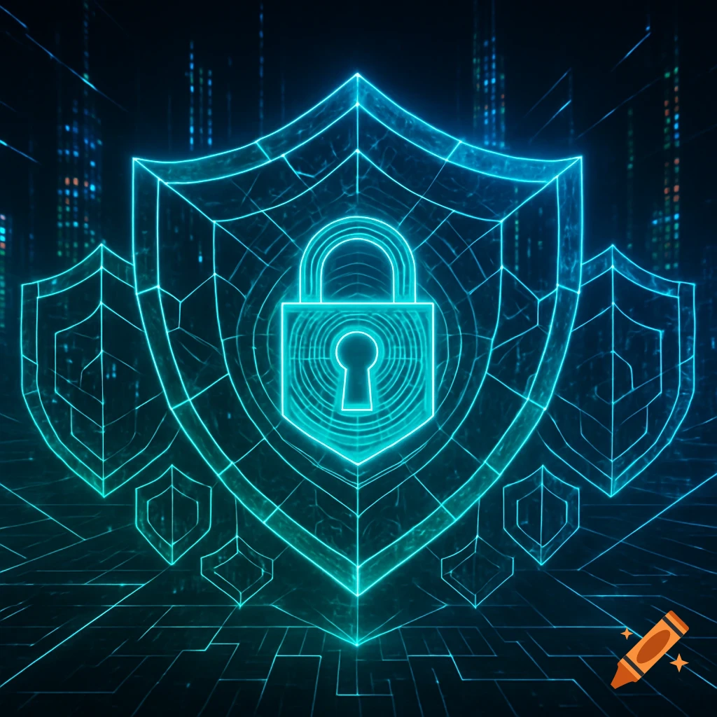 Neon blue-green digital shield with a padlock in the center, surrounded by abstract glowing lines and circuitry, representing cybersecurity.