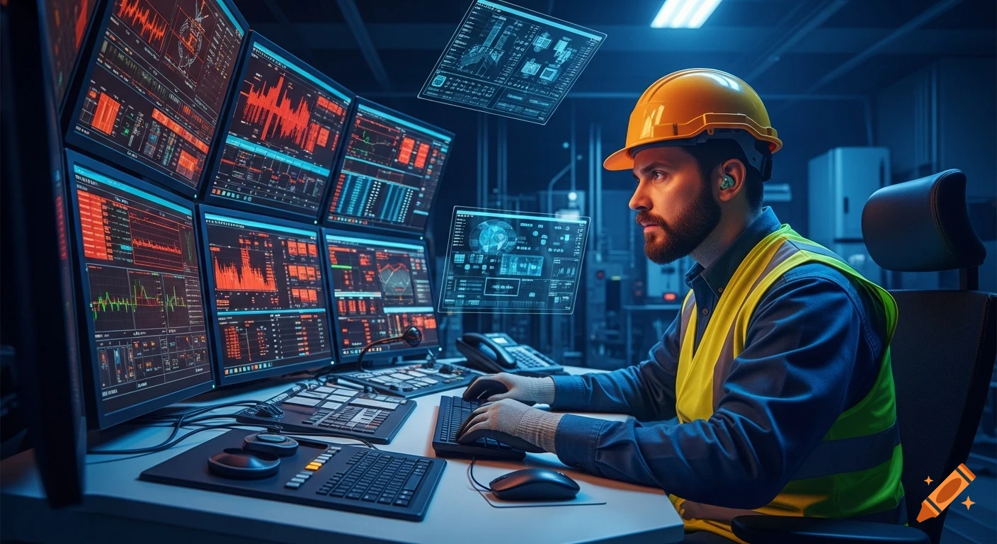 A man wearing a hard hat and high-visibility vest sits at a multi-monitor control station, monitoring complex data and graphs.
