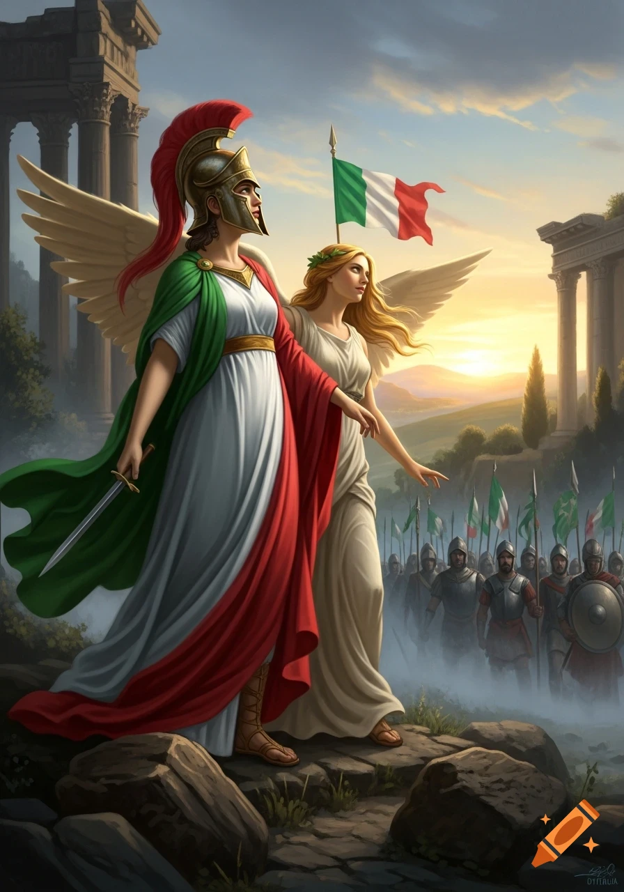 Winged women in classical attire, one armored with Italian flag cloak, lead soldiers with Italian flags through an ancient landscape at sunset.
