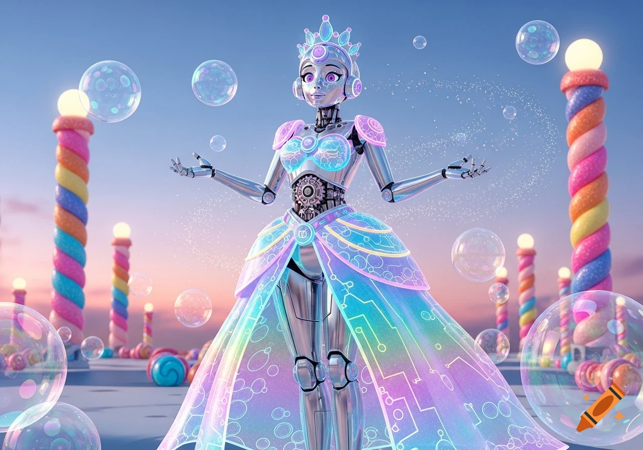 A chrome robot princess in a rainbow circuit dress stands in a whimsical candy land with bubbles.
