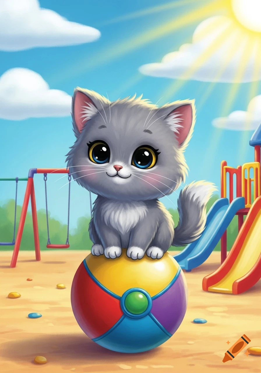Cute cartoon gray kitten with big eyes sitting on a colorful ball at a bright playground.