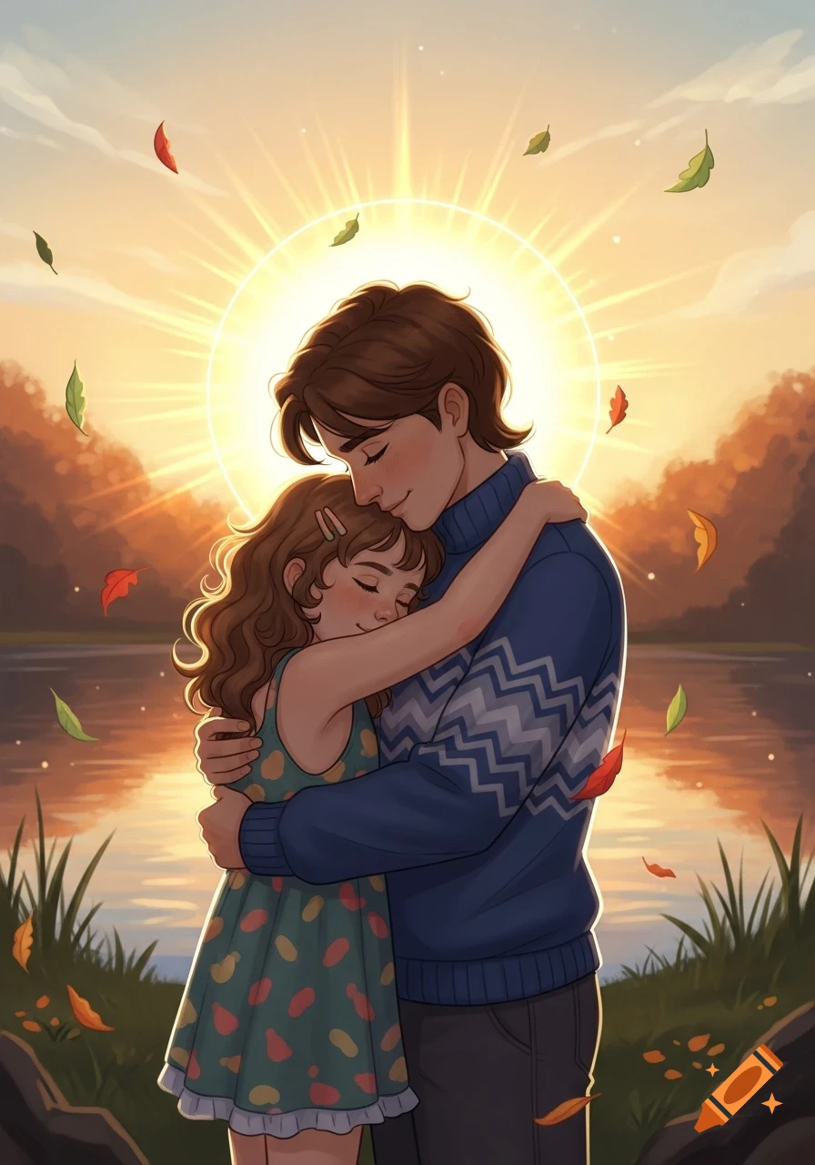 Cartoon illustration of a taller person hugging a smaller person by a lake at sunset with falling autumn leaves.