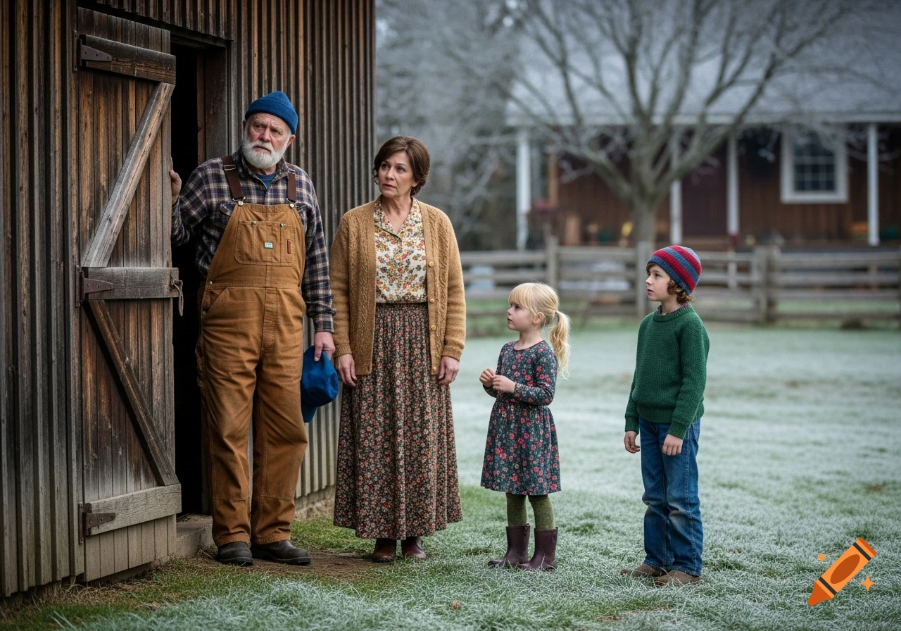 An older couple and two young children stand outside a rustic wooden barn on frosty grass in a rural setting, looking concerned.