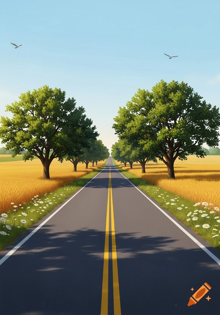 A straight, empty rural road with double yellow lines, flanked by golden fields and green trees under a clear blue sky.