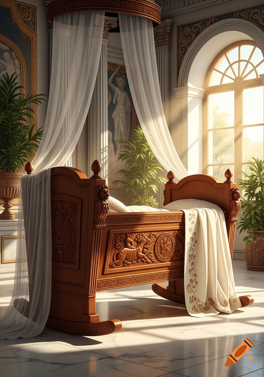 A richly carved wooden Roman-style cradle under a canopy, in a sunlit luxurious room with large windows.