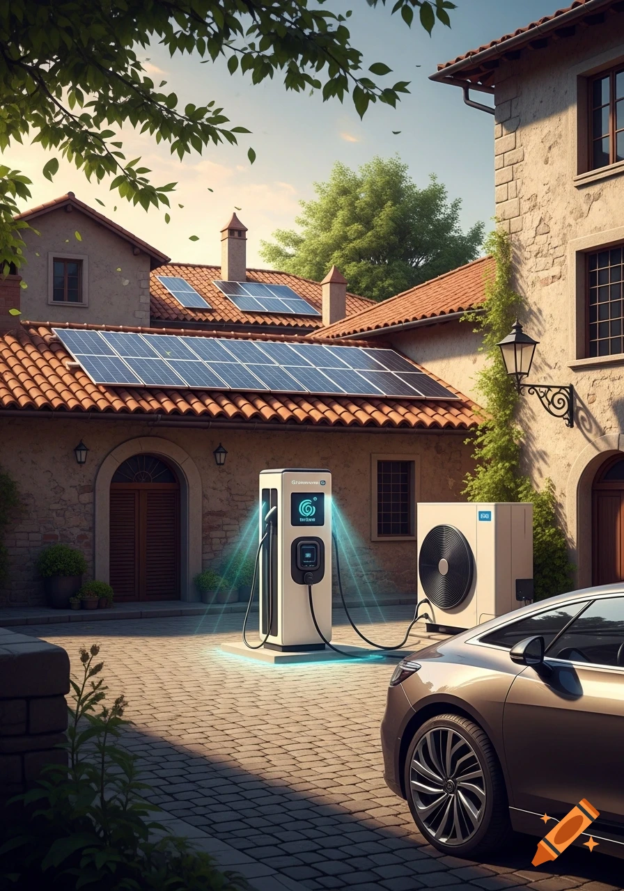 Electric car charging at a modern station in front of a traditional house with rooftop solar panels and a heat pump.