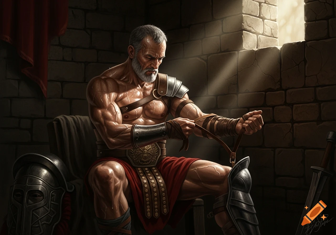 A muscular, bearded Roman gladiator sits in a dungeon, wrapping his forearm for battle, with sunlight through a window. Photorealistic.