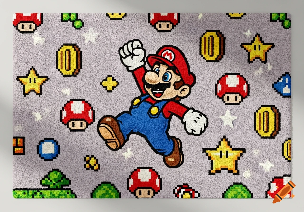 Pixel art Mario jumping on a purple carpet decorated with Super Mario stars, coins, and mushrooms.