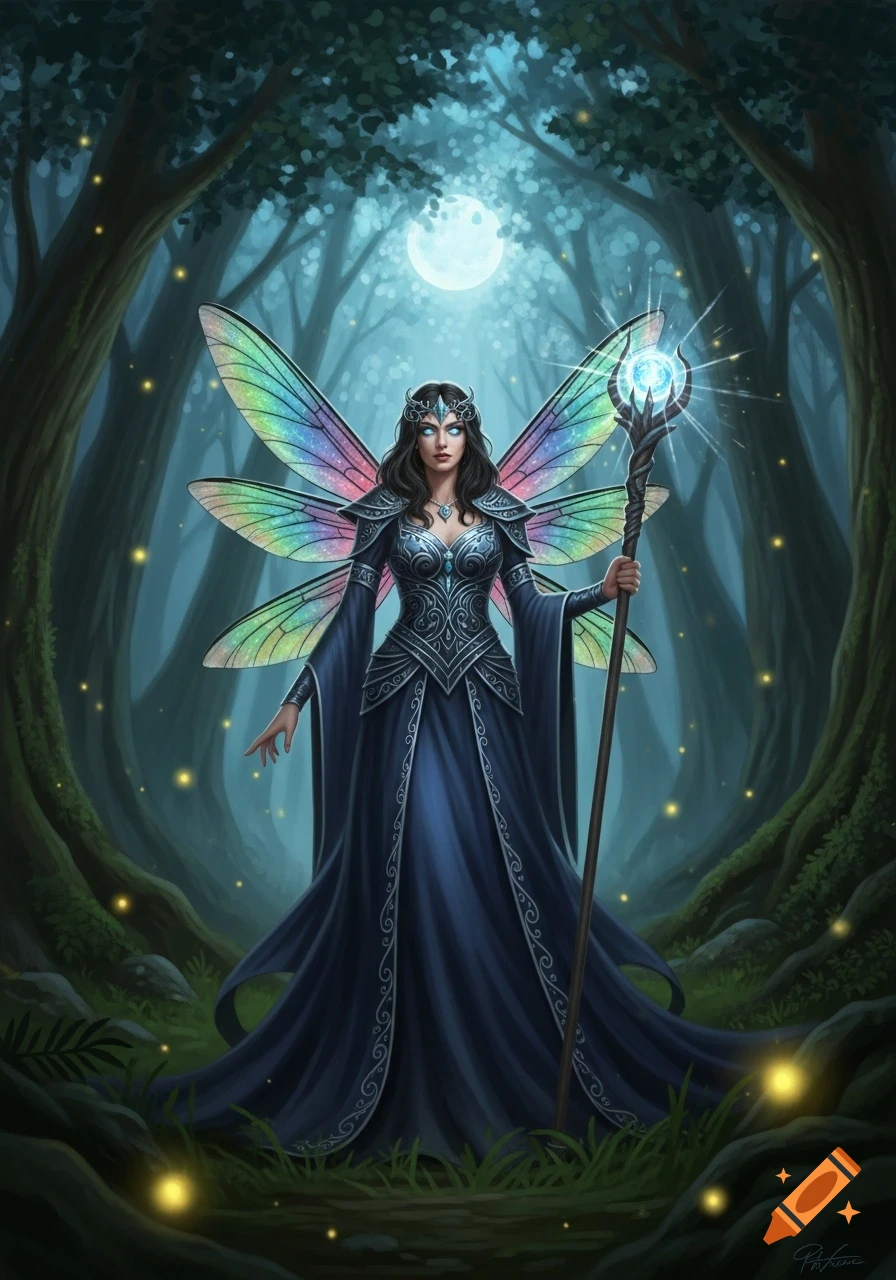 A female fairy warlock with iridescent wings and a dark gown stands holding a glowing staff in a moonlit magical forest.