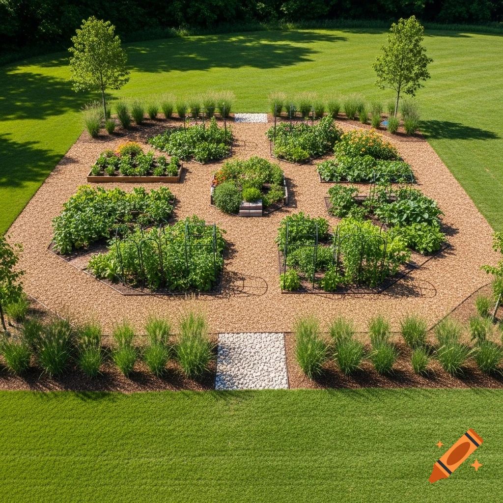 Aerial view of a structured community garden with diverse plant beds, gravel paths, and a vibrant green lawn.
