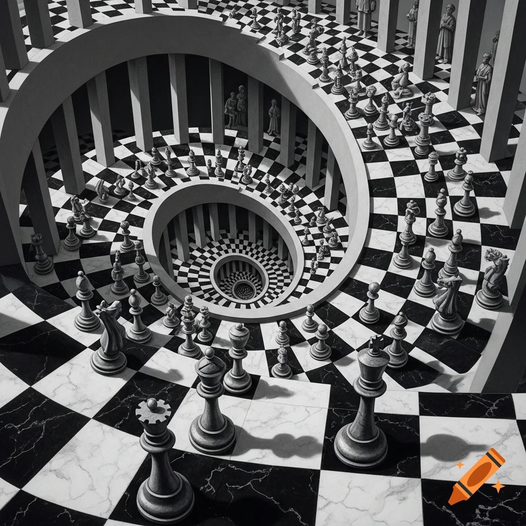 A black and white optical illusion featuring chess pieces on a swirling, impossible checkerboard staircase, in the style of M.C. Escher.