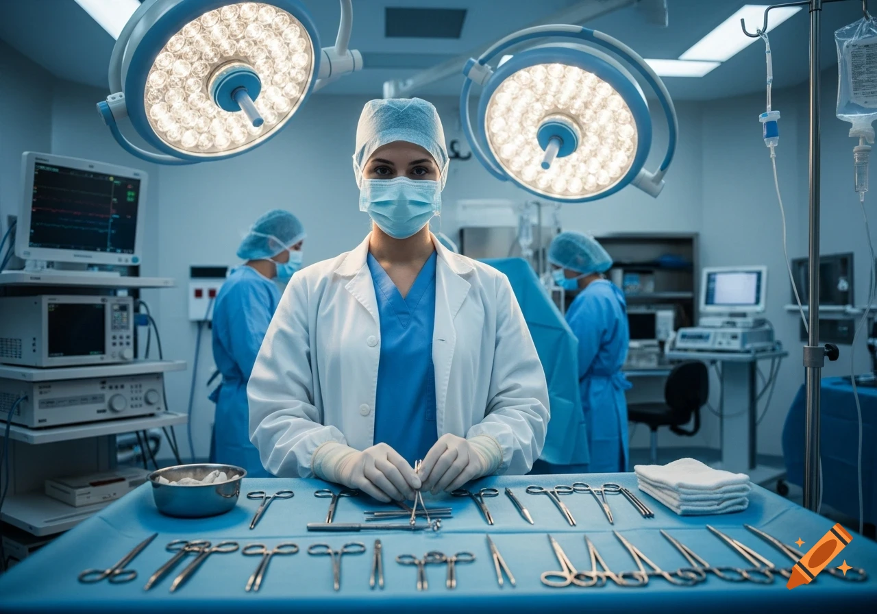 Photorealistic image of a female surgeon in scrubs, mask, and lab coat, standing in an operating room with surgical tools.