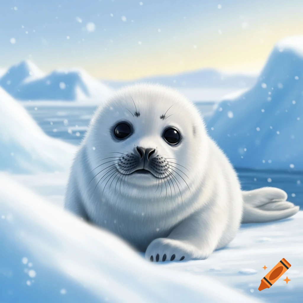 A fluffy white baby harp seal with big dark eyes lies on snow with icebergs in the background under a blue sky.