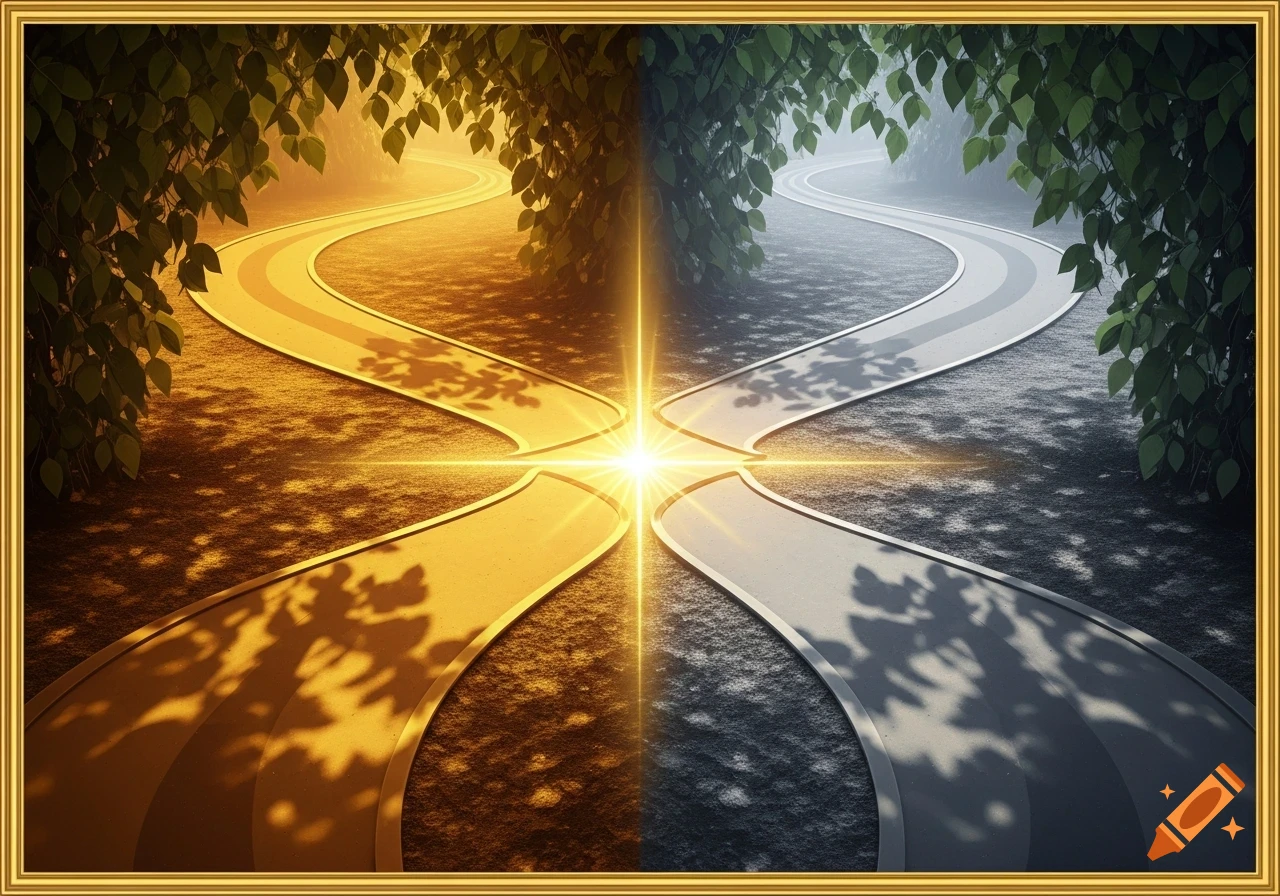 Winding paths converge at a bright central light, dividing the scene into warm golden and cool gray sides, framed by green leaves and a gold border.