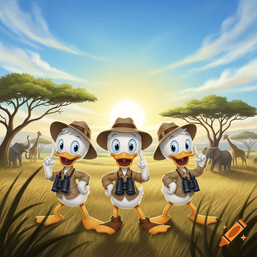 Three cartoon ducks in safari hats and outfits with binoculars, standing in a sunny savanna with trees, elephants, and giraffes.