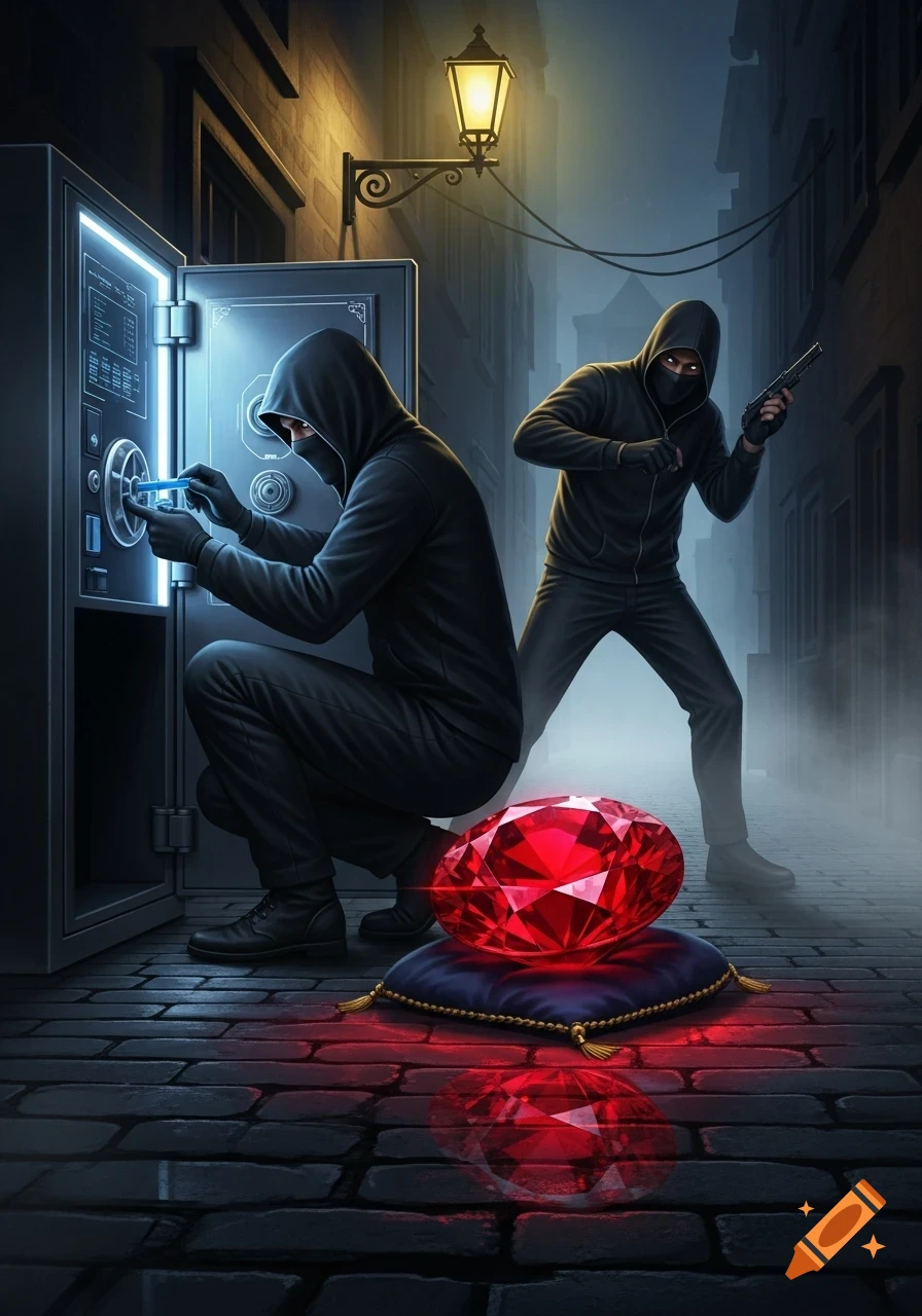 Two hooded burglars in a dark alley; one tries to crack a safe, while the other stands guard with a gun next to a large glowing red ruby on a cushion.
